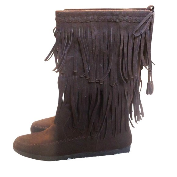 Rampage Brown Hippie Boho Y2K Retro Double Fringe Faux Suede Pull On Boots 8.5 - Picture 1 of 9